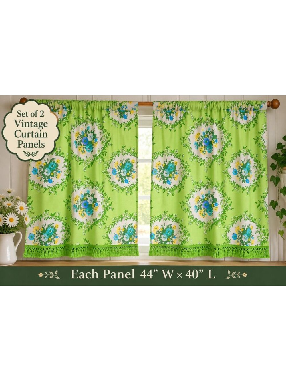 VTG 60's 70's Curtain Panels Pair Green Floral Fringe 44x40 Boho Shabby Chic